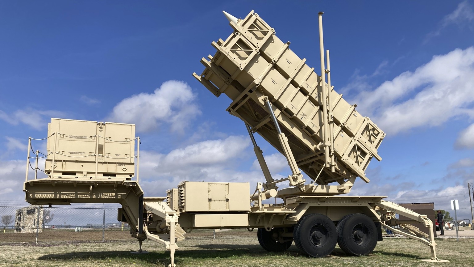 A Patriot missile mobile launcher is displayed outside the Fort Sill Army Post near Lawton, Okla., on Tuesday, March 21, 2023. Soldiers from Ukraine have been training on the weapon system at Fort Sil ...