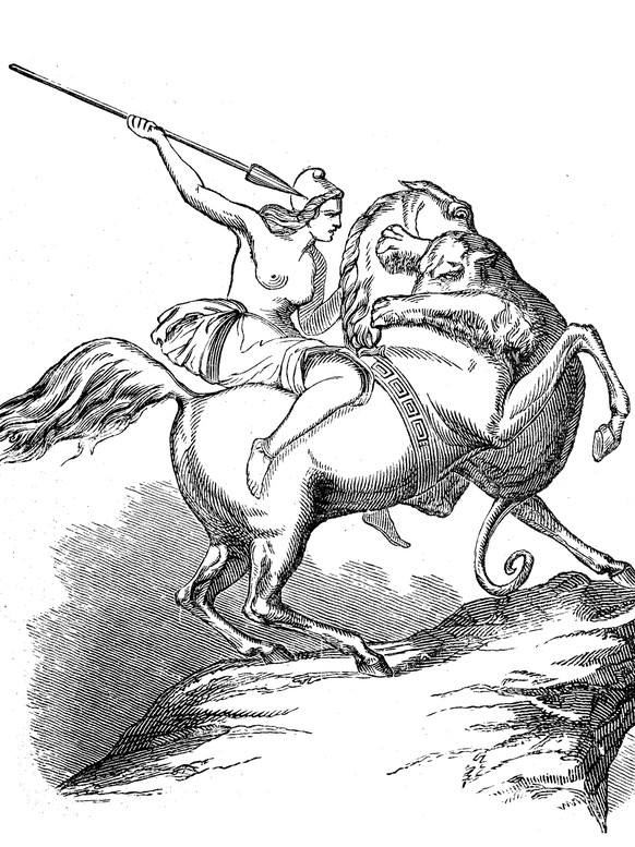 Woman, Amazon on horseback fights against a lion, illustration from 1884 / Frau, Amazone zu Pferd kämpft gegen einen Löwen, Illustration aus 1884, Historisch, historical, digital improved reproduction ...