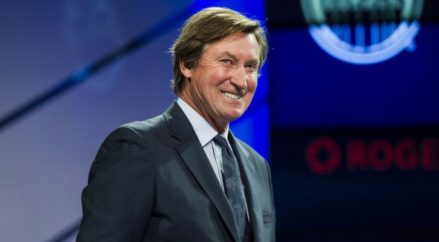 Former Edmonton Oilers great Wayne Gretzky speaks to media about the upcoming NHL Centennial Greatest Team celebration hockey game and being voted the greatest team of all time in Toronto, Sunday, Dec ...