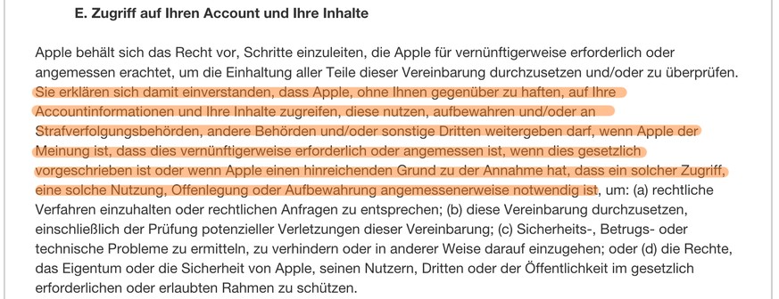 Auszug aus den iCloud-Nutzungsbedingungen.