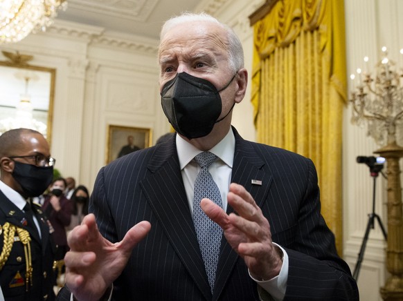 epa09723685 US President Joe Biden briefly speaks about the situation in Ukraine and sending more United States forces to eastern Europe, at the end of an event held to &#039;reignite the Cancer Moons ...