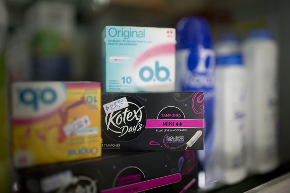 Tampons are displayed on a shelf at a drug store in Buenos Aires, Argentina, Wednesday, Jan. 7, 2015. A shortage of tampons in several Argentine cities led to finger-pointing Wednesday, with the gover ...