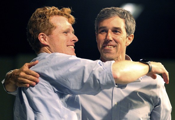 U.S. Rep. Joe Kennedy III embraces Democratic Senate candidate Beto O&#039;Rourke during a campaign rally at the McAllen Convention Center on Saturday ,Oct. 13, 2018, in McAllen, Texas. Joe Kennedy at ...