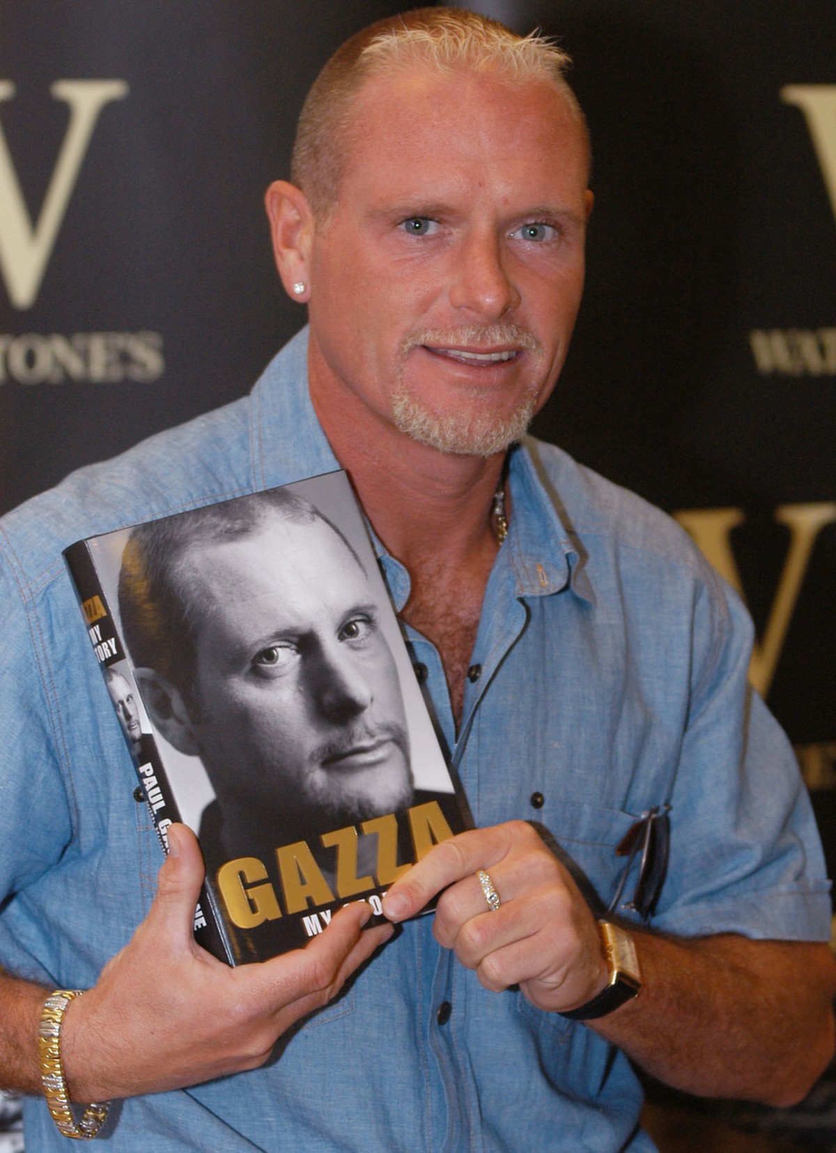 Football player, Paul Gascoigne poses with a copy of his new autobiography entitled "Gazza" at a book launch at Waterstone's book shop in the City of London, Monday June 21, 2004. (AP P ...