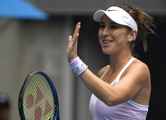 Switzerland&#039;s Belinda Bencic celebrates after defeating Latvia&#039;s Jelena Ostapenko during their second round singles match at the Australian Open tennis championship in Melbourne, Australia,  ...