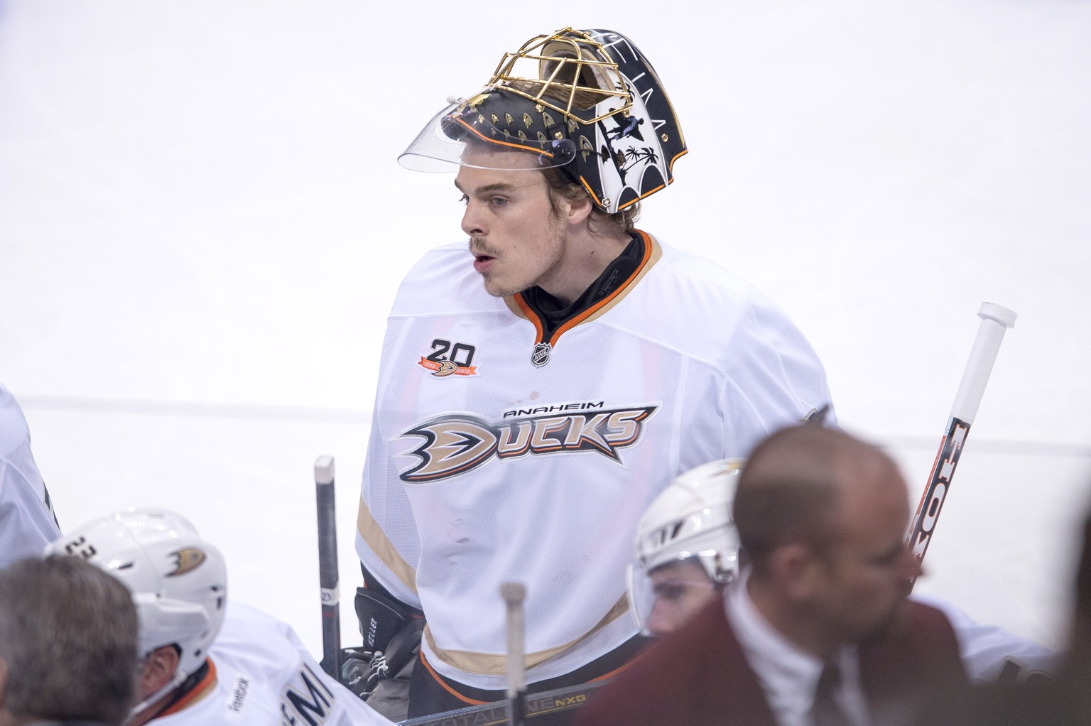 Apr 23, 2014; Dallas, TX, USA; Anaheim Ducks goalie Jonas Hiller (1) waits for play to begin against the Dallas Stars during the third period in game four of the first round of the 2014 Stanley Cup Pl ...