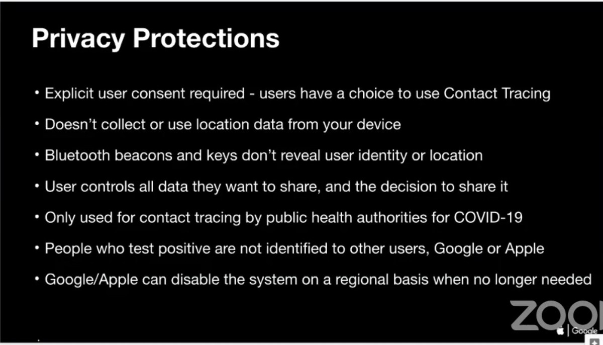 Laut Apple sind diese Bedingungen für staatliche Contact-Tracing-Apps nicht verhandelbar: Alles muss freiwillig sein, es dürfen keine Standortdaten (Location Data) gesammelt werden, Covid-19-Erkrankte ...