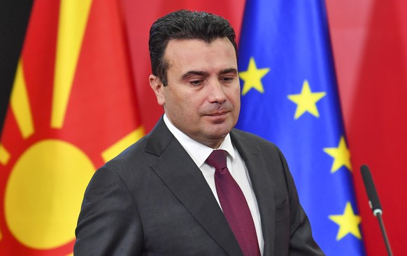 epa09556675 (FILE) Macedonian Prime Minister Zoran Zaev addresses a press conference to announce early Parliamentary election, in Skopje, Republic of North Macedonia, 19 October 2018 (reissued 31 Octo ...