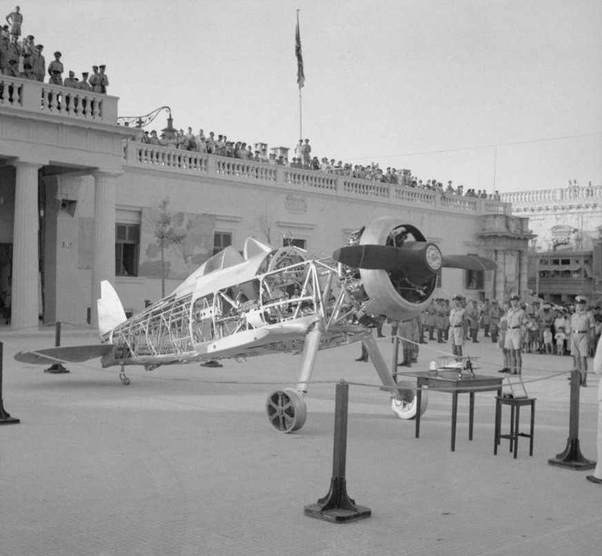 Royal Air Force Operations in Malta, Gibraltar and the Mediterranean, 1940-1945.
The fuselage of Gloster Sea Gladiator Mark I, N5520 "Faith", in Palace Square, Valletta, Malta, on the occasi ...