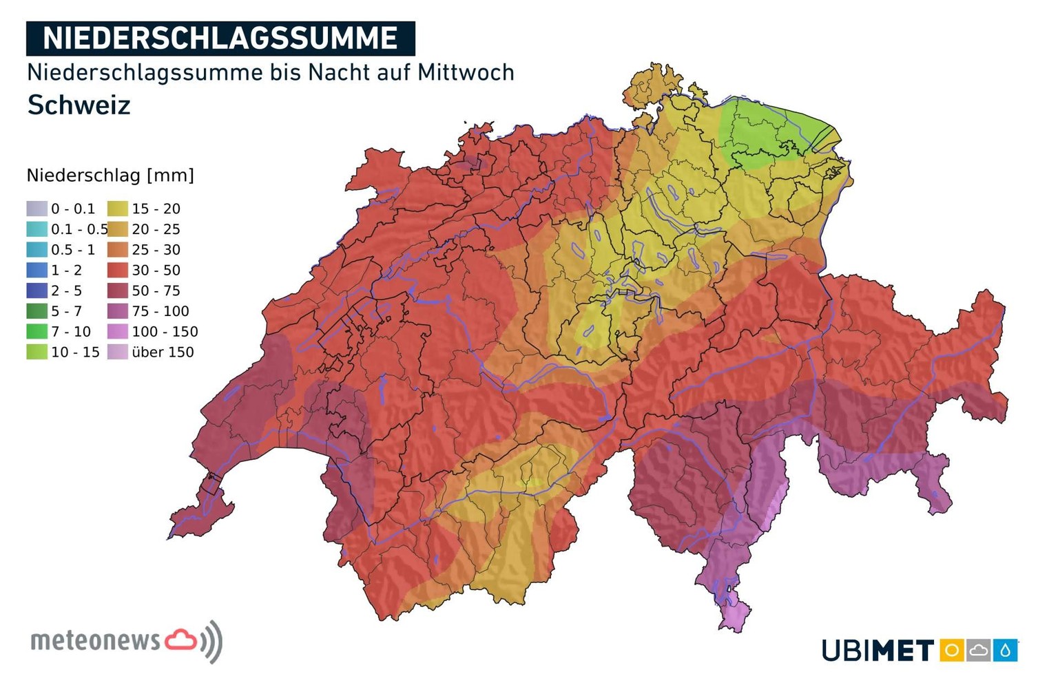 Niederschlagssumme Ende Januar 2025 in der Schweiz.