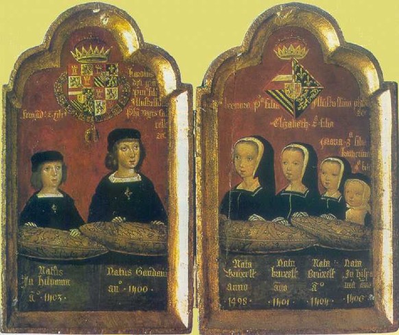 Ein flämischer Maler malte um 1509 dieses Diptychon, das Johanna anfertigen liess, um auf Reisen eine Erinnerung an ihre Kinder zu haben: Links ihre Söhne Ferdinand und Karl, rechts ihre Töchter Eleon ...