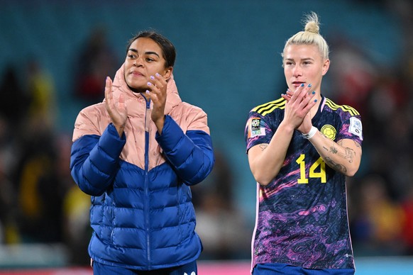 epa10796842 Jessica Carter (left) and Beth England of England celebrate after winning the FIFA Women&#039;s World Cup 2023 Quarter Final soccer match between England and Colombia at Stadium Australia  ...