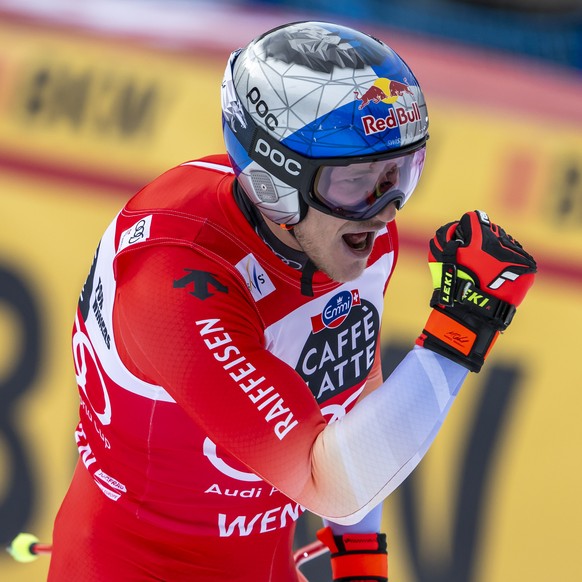 epa12655302 Marco Odermatt of Switzerland reacts in the finish area during the men's Downhill race at the Alpine Skiing FIS Ski World Cup, in Wengen, Switzerland, 17 January 2026. EPA/PETER SCHNE ...