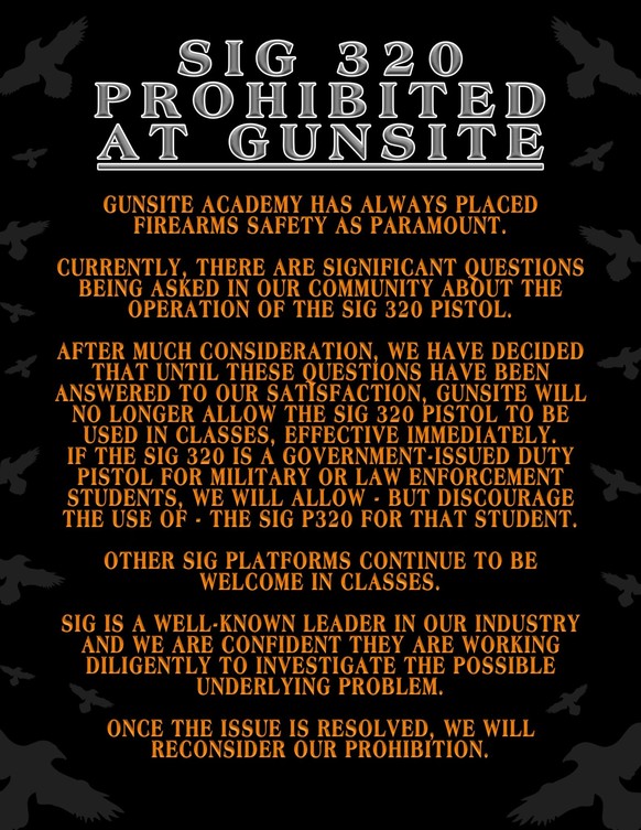 Gunsite verbietet P320 in seinen Trainingseinrichtungen. (Juli 2025)