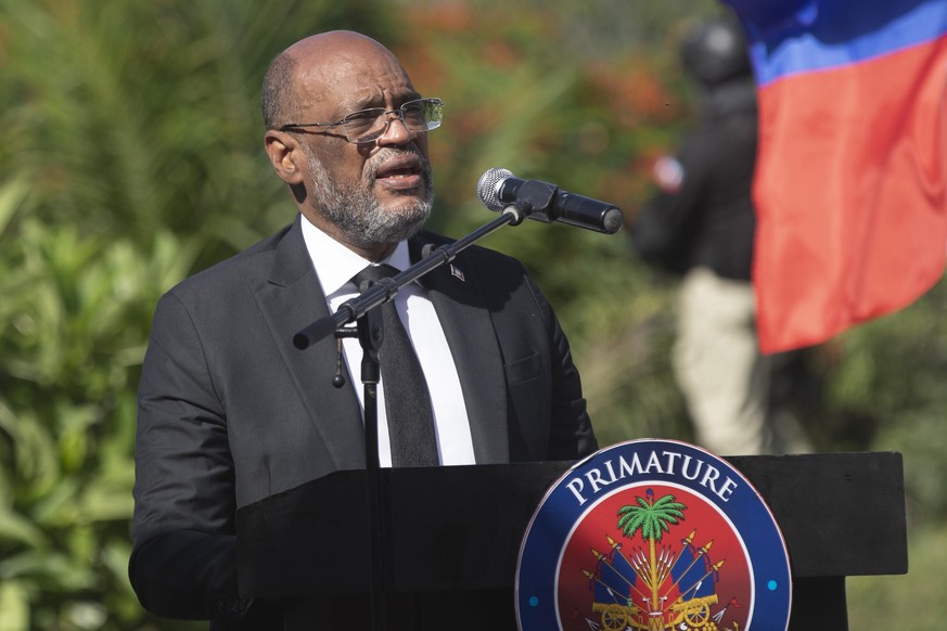 FILE - Haitian Prime Minister Ariel Henry speaks during a ceremony in memory of slain Haitian President Jovenel Moise at the National Pantheon Museum in Port-au-Prince, Haiti, July 7, 2022. Henry has  ...