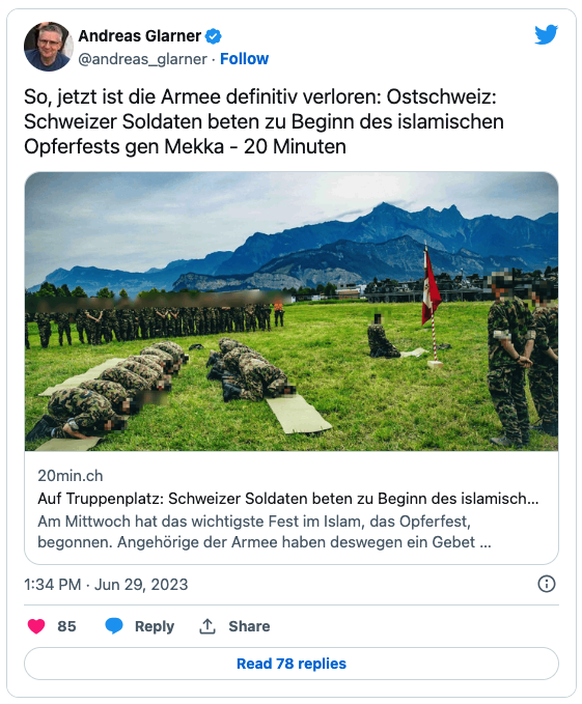 Um den Beginn des islamischen Opferfests Bayram zu begehen, hat die Schweizer Armee eine muslimische Feldpredigt abgehalten. SVP-Glarner reagiert empört, GLP-Flach reagiert trocken.