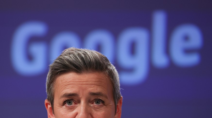 epa10690324 Executive Vice-President for A Europe Fit for the Digital Age and Competition Margrethe Vestager gives a press conference on antitrust case over Google in Brussels, Belgium, 14 June 2023.  ...