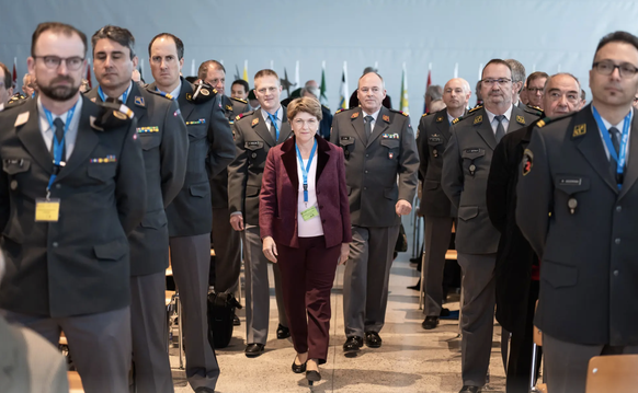 Verteidigungsministerin Viola Amherd schreitet durch die Reihen grimmig blickender Offiziere in der Mehrzweckhalle der Kaserne Auenfeld.