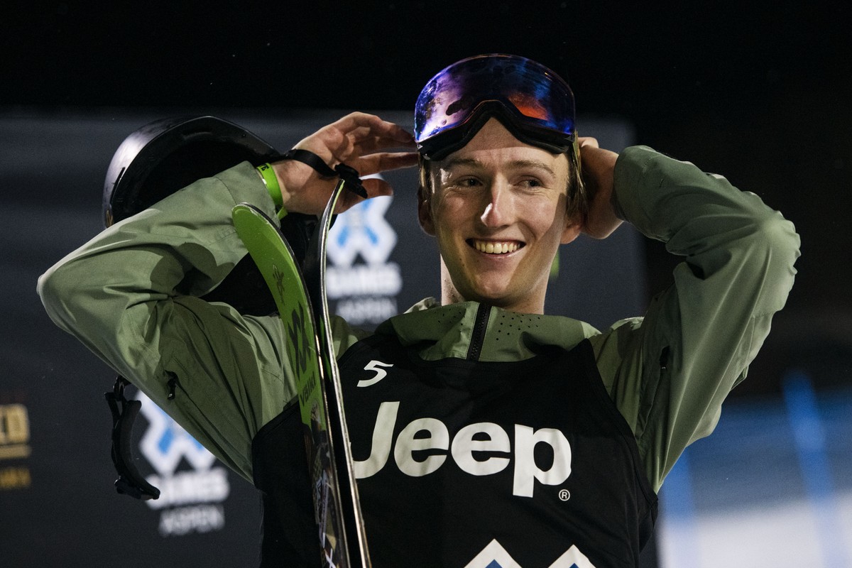 Swiss freestyle skier Andri Ragettli prepares to take the podium after winning the men's big air final at the Winter X Games on Saturday, Jan. 30, 2021, in Aspen, Colo. (Kelsey Brunner/The Aspen  ...