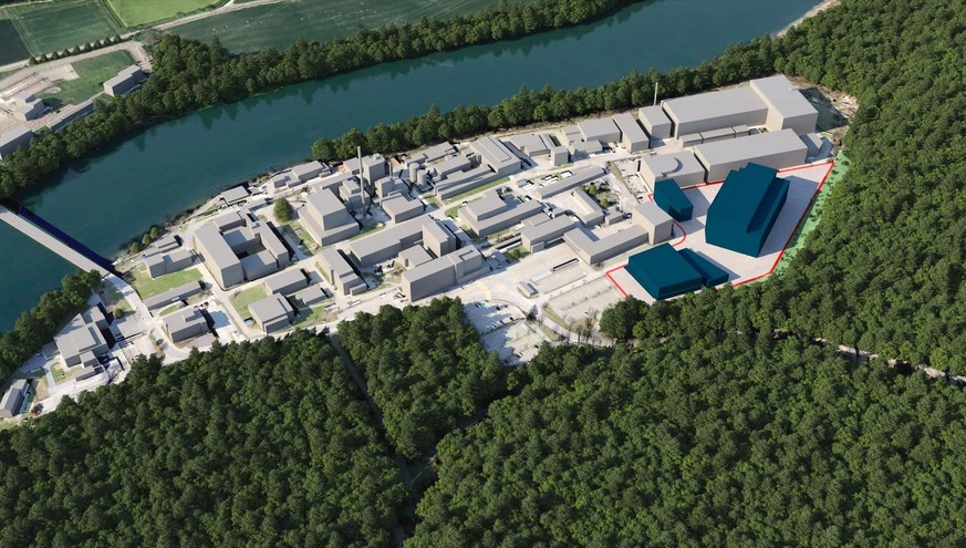 Auf dem rot markierten Bereich des Zwischenlagers Würenlingen soll die Verpackungsanlage für Atommüll entstehen (drei blaue Gebäude). Die meisten Bauten im Bild gehören zum Paul Scherrer Institut (PSI ...