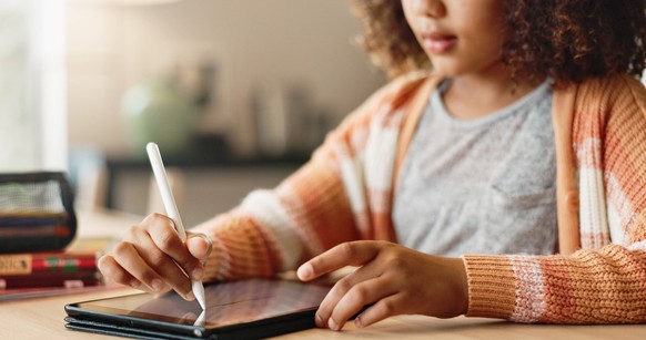 Girl child, hands and drawing on tablet for homeschool, learning and growth or development of motor skills with digital art. Home, creativity and sketch online for handwriting practice and education , ...