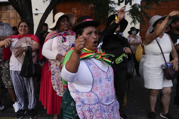 Anti-government protesters march in Lima, Peru, Saturday, Jan. 21, 2023. Protesters are seeking the resignation of President Dina Boluarte, the release from prison of ousted President Pedro Castillo a ...