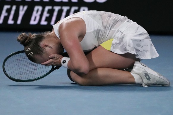 Anna Blinkova of Russia reacts after defeating Elena Rybakina of Kazakhstan in their second round match at the Australian Open tennis championships at Melbourne Park, Melbourne, Australia, Thursday, J ...