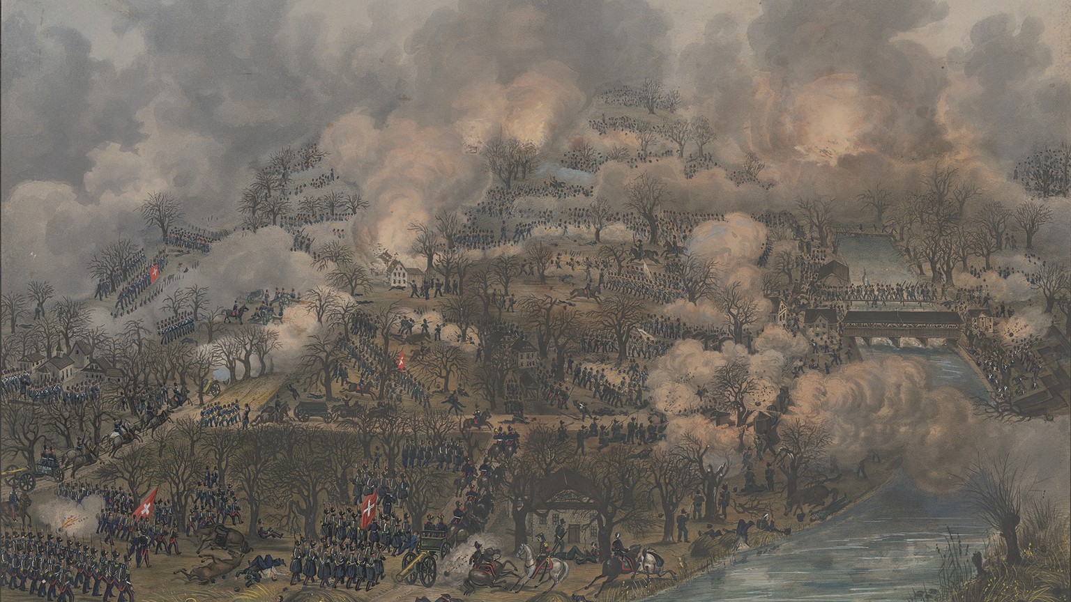 Das Gefecht bei Gisikon vom 23. November 1847. Druckgrafik.