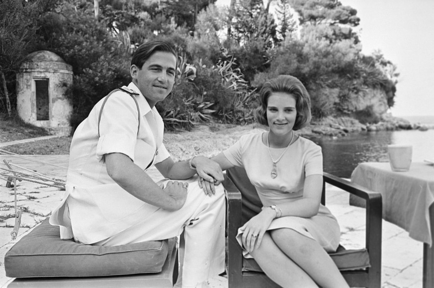 FILE - King Constantine II of Greece and Princess Anne Marie of Denmark pose for a photo, in Corfu, Greece, July 1964. Constantine, the former and last king of Greece, has died his doctors announced l ...