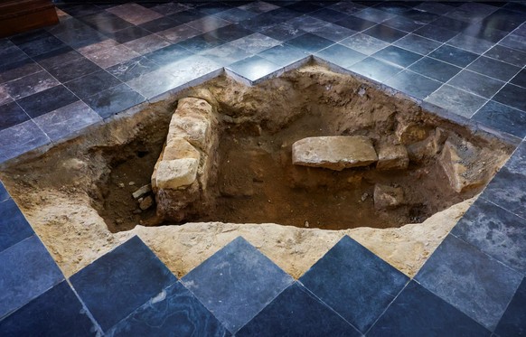 A view inside the Peter and Paul Church (Petrus en Pauluskerk) in Maastricht shows an excavation pit opened in the floor, where archaeologists believe they may have uncovered the skeletal remains of C ...