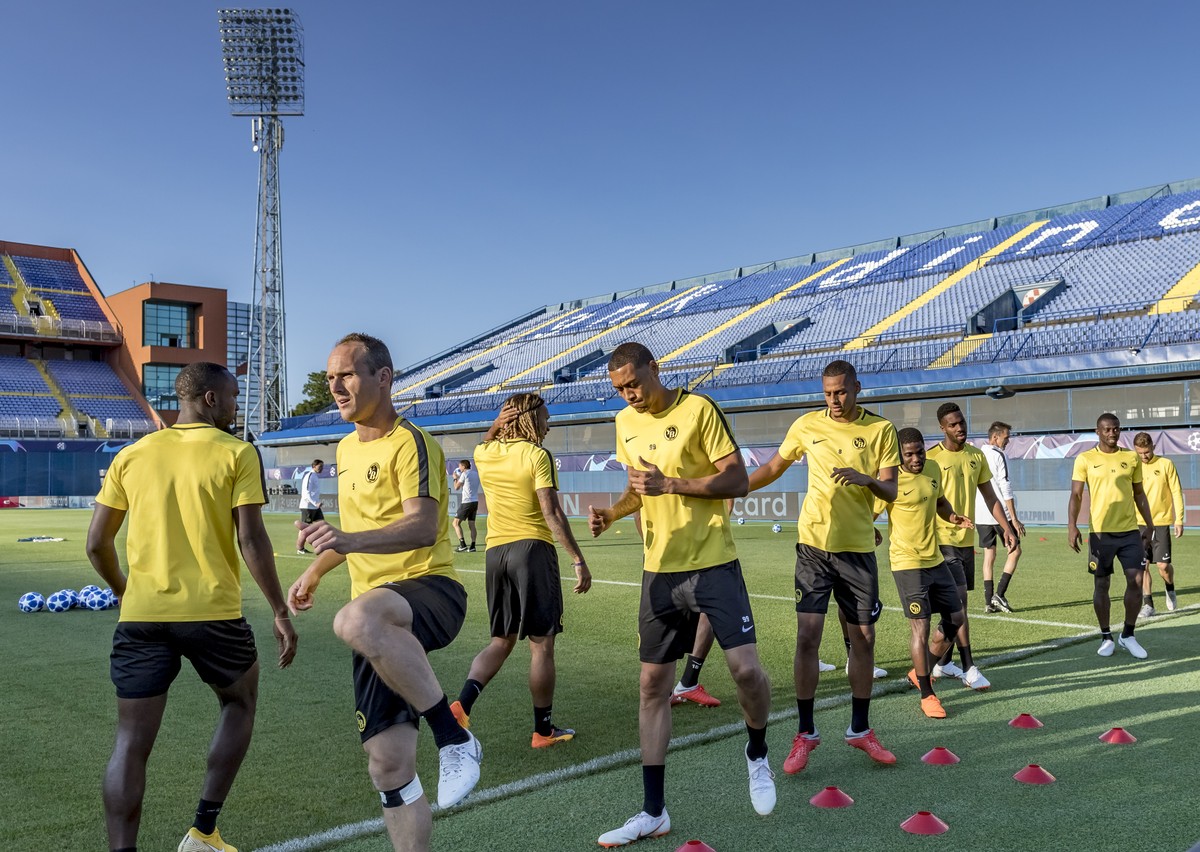 Young Boys' players attend a training session one day prior to the UEFA Champions League football playoff match between Croatia's GNK Dinamo Zagreb and Switzerland's BSC Young Boys on M ...