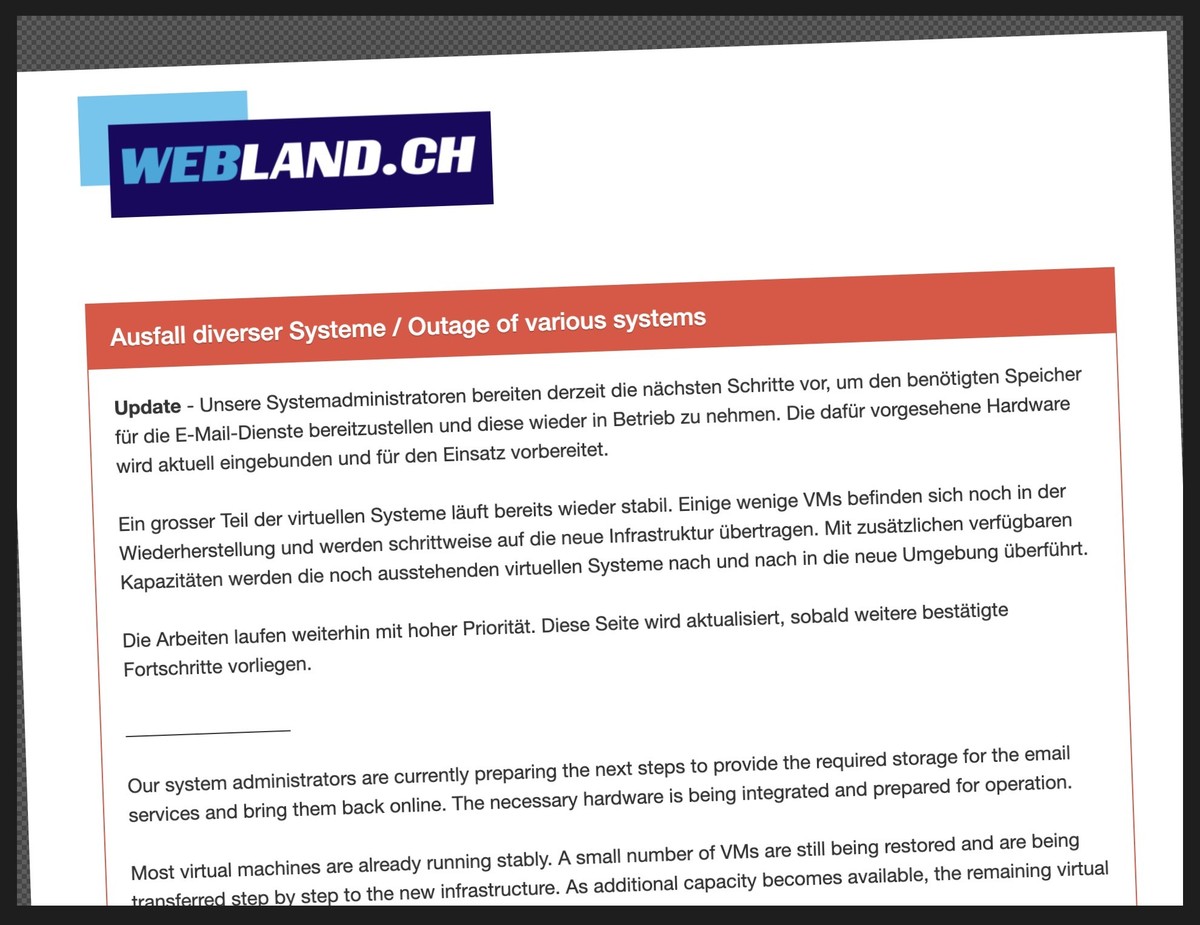Status-Update des Schweizer Hosting-Providers Webland (1. Dez. 2025)