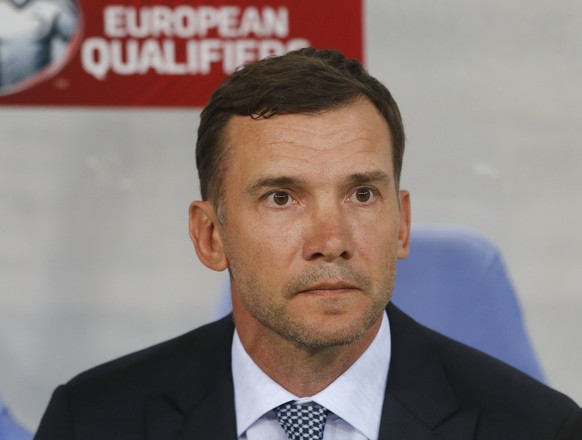 Ukraine&#039;s head coach Andriy Shevchenko looks on before the the Euro 2020 group B qualifying soccer match between Ukraine and Serbia at the Arena Lviv stadium in Lviv, Ukraine, Friday, June. 7, 20 ...