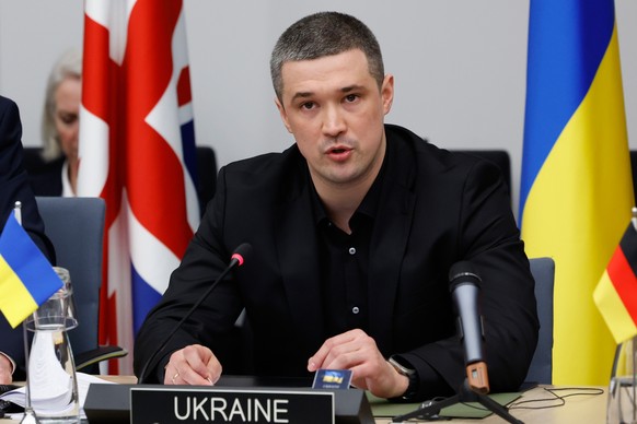 Ukraine's Defense Minister Mykhailo Fedorov speaks during a meeting of the Ukraine Defense Contact Group at NATO headquarters in Brussels, Thursday, Feb. 12, 2026. (AP Photo/Geert Vanden Wijngaer ...