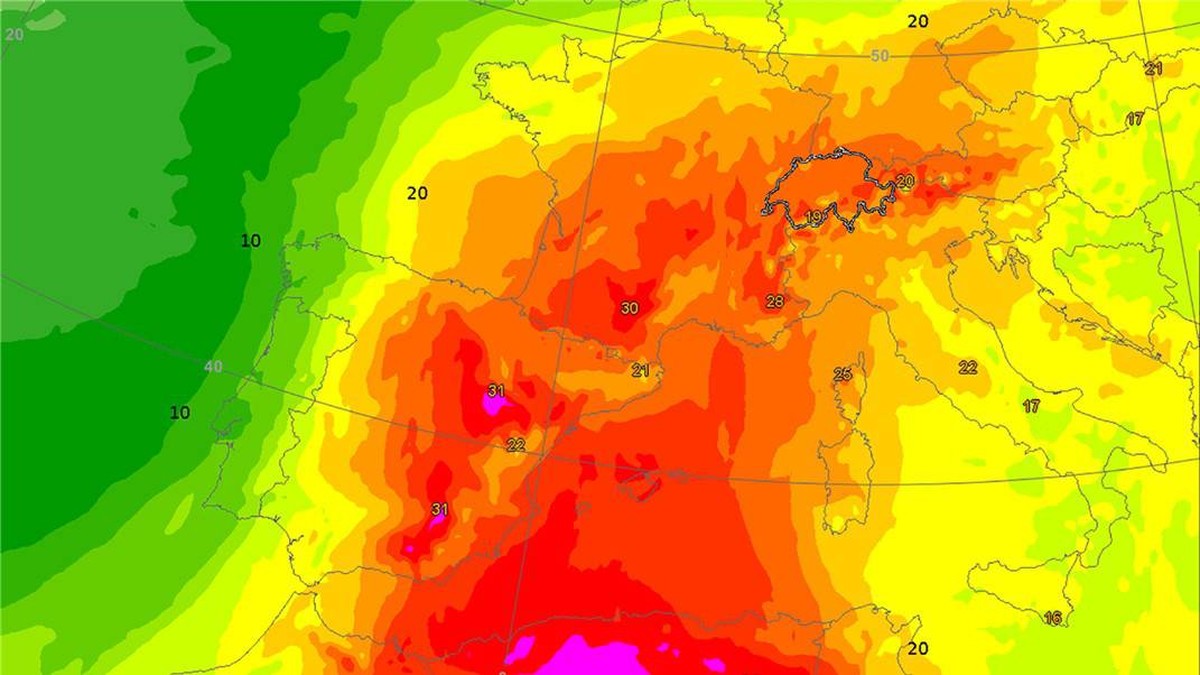 Die Karte zeigt die Temperatur auf rund 1600 Metern am kommenden Mittwochnachmittag. Am Boden sind die Temperaturen deutlich höher.