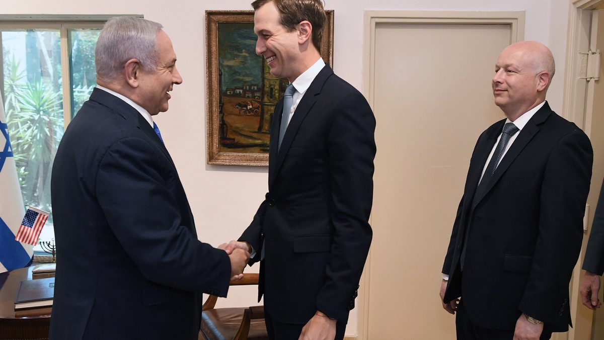 epa07612511 A handout photo made available by the US Embassy to Israel in Jerusalem shows the Israeli Prime Minister Benjamin Netanyahu (L) meets with US President Trump’s senior adviser Jared Kushner ...