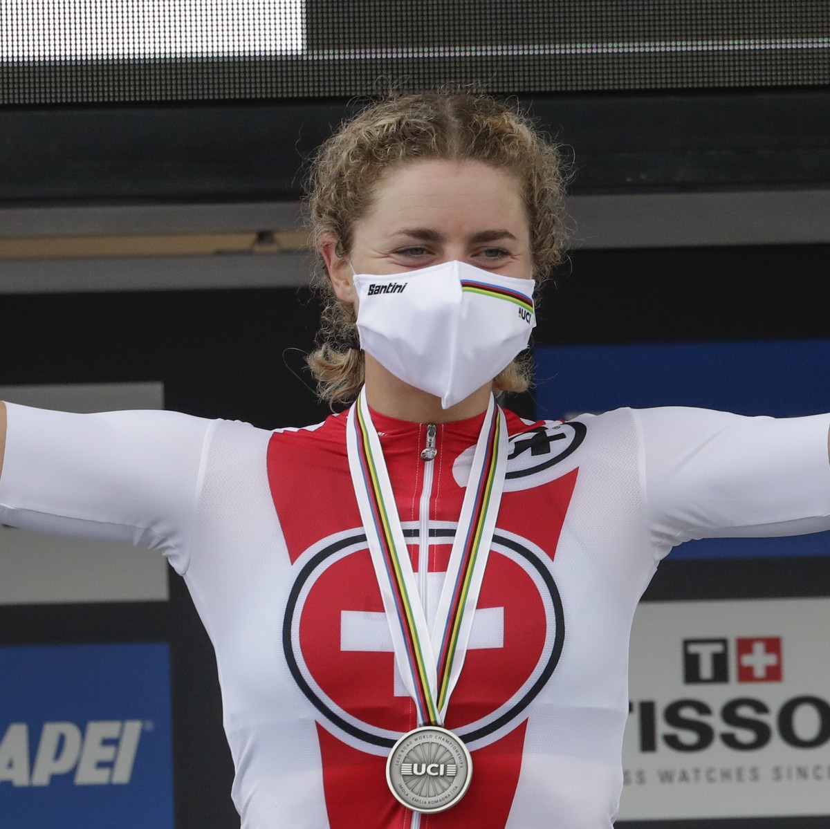 Switzerland's Marlen Reusser celebrates after winning the silver medal in the women's Individual Time Trial event, at the road cycling World Championships, in Imola, Italy, Thursday, Sept. 2 ...