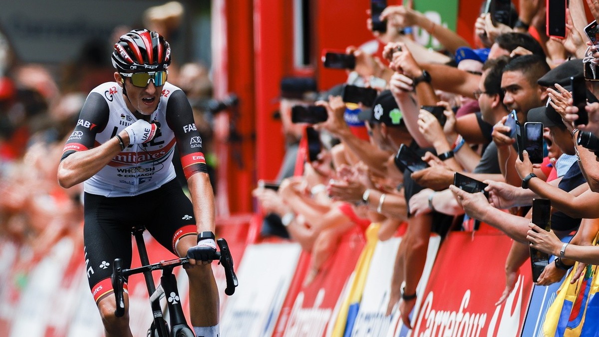 epa10136442 Spanish rider Marc Soler of UAE team reacts after winning the fifth stage of the 77th La Vuelta cycling race, over 187.2 km, from Irun to Bilbao, Spain, 24 August 2022. EPA/Javier Lizon