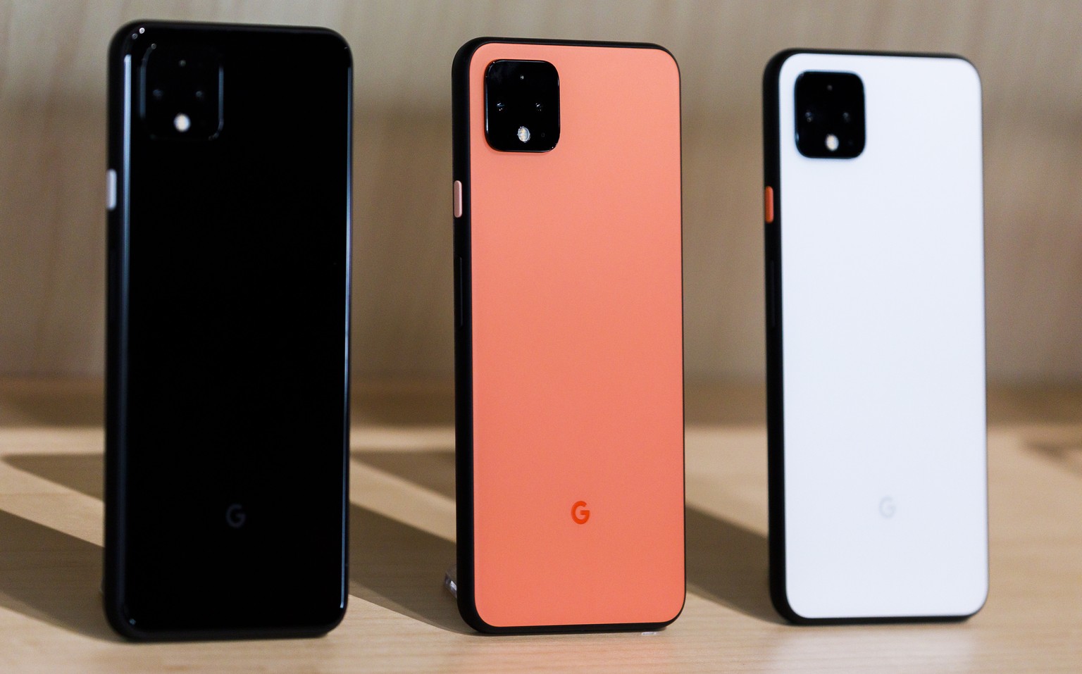 epa07922918 A display of the new Google Pixel 4 phones during a Google product launch event called 'Made by Google '19' in New York, New York, USA, 15 October 2019. The company introduced a number of  ...