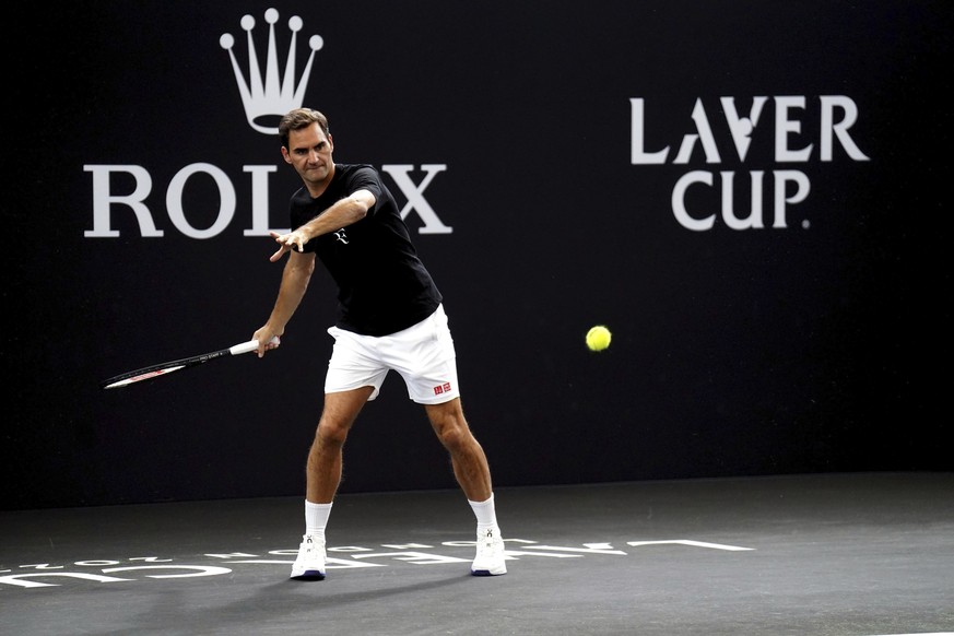 Roger Federer in action during a practice session ahead of the Laver Cup 2022 at the O2 Arena, London, Wednesday Sept. 21, 2022. The 20-time grand slam champion announced last week that he would bring ...