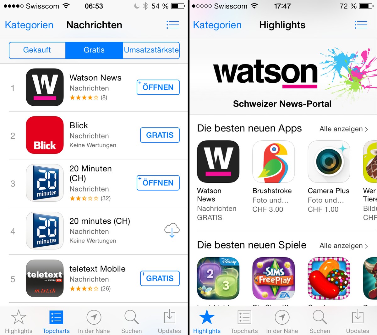 watson: Zurzeit die meistgeladene Nachrichten-App im Schweizer AppStore.
