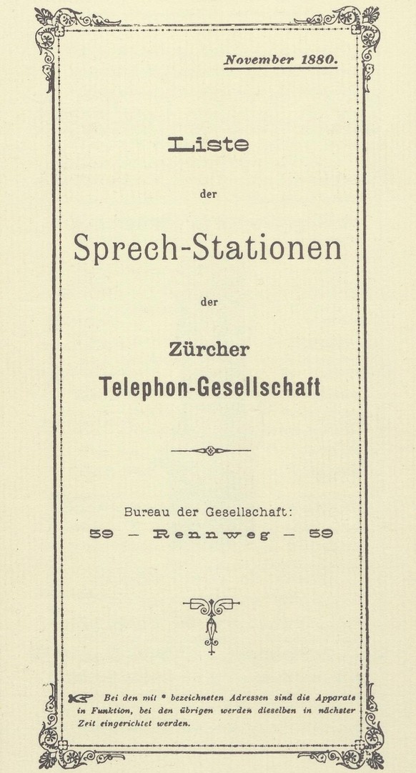 Telephone book of the Zurich Telephone Society from 188o.  https://data.ptt-archiv.ch/archive/record/203934