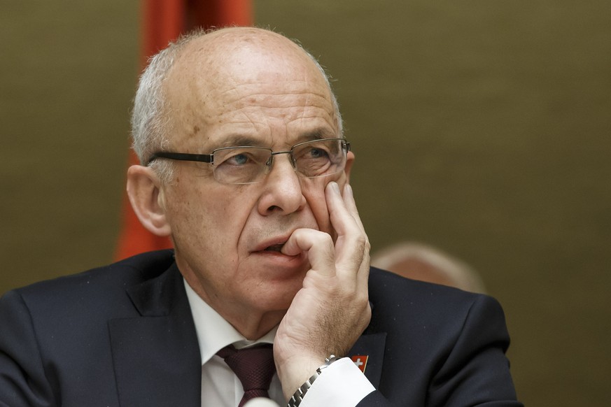 Swiss Minister of Finance Ueli Maurer listens a statement, during the High-Level Pledging Event for the Humanitarian Crisis in Yemen, at the European headquarters of the United Nations in Geneva, Swit ...