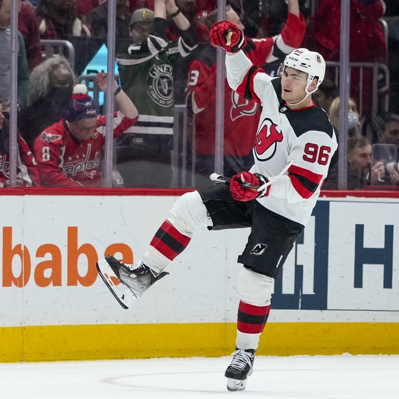 New Jersey Devils right wing Timo Meier celebrates his game-winning goal in the overtime period of an NHL hockey game against the Washington Capitals, Thursday, March 9, 2023, in Washington. The Devil ...