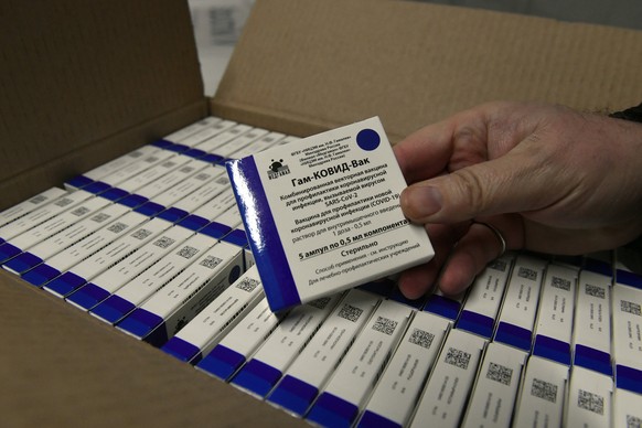 Boxes of Sputnik V vaccines at a warehouse of Hungaropharma, a Hungarian pharmaceutical wholesale company, in Budapest, Hungary, Thursday, March 4, 2021, after a shipment of 280,000 doses of the Russi ...