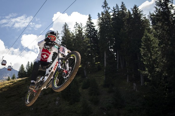 Emilie Siegenthaler of Switzerland in action during the official Downhill training at the UCI mountain bike world championships, on Thurday, September 56 2018, in Lenzerheide, Switzerland. The World C ...