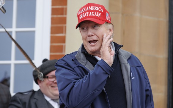 Former US President Donald Trump at Turnberry golf course, Scotland, during his visit to the UK, Tuesday, May 2, 2023. (Steve Welsh/PA via AP)
