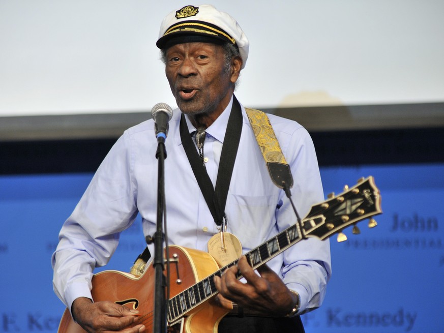 FILE - In this Feb. 26, 2012 file photo, rock &#039;n&#039; roll legend Chuck Berry performs &quot;Johnny B. Goode&quot; at the John F. Kennedy Presidential Library and Museum in Boston. Berry is set  ...