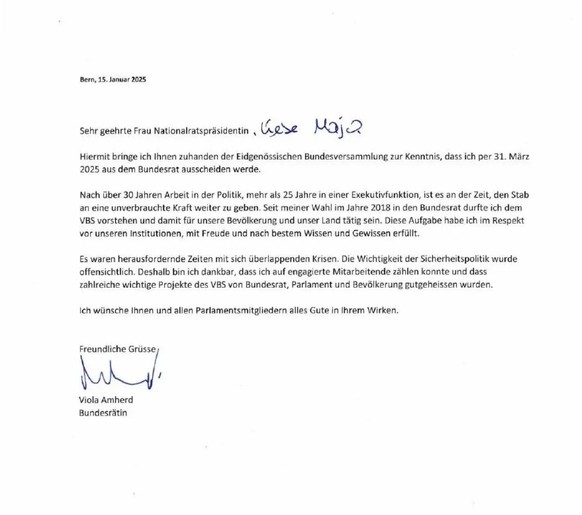 Rücktrittsschreiben von Viola Amherd