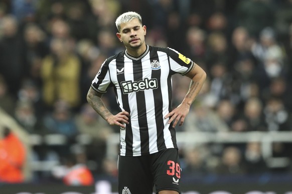 Newcastle&#039;s Bruno Guimaraes reacts after missing a scoring chance during the Champions League group F soccer match between Newcastle United and AC Milan at St. James&#039; Park, in Newcastle, Eng ...